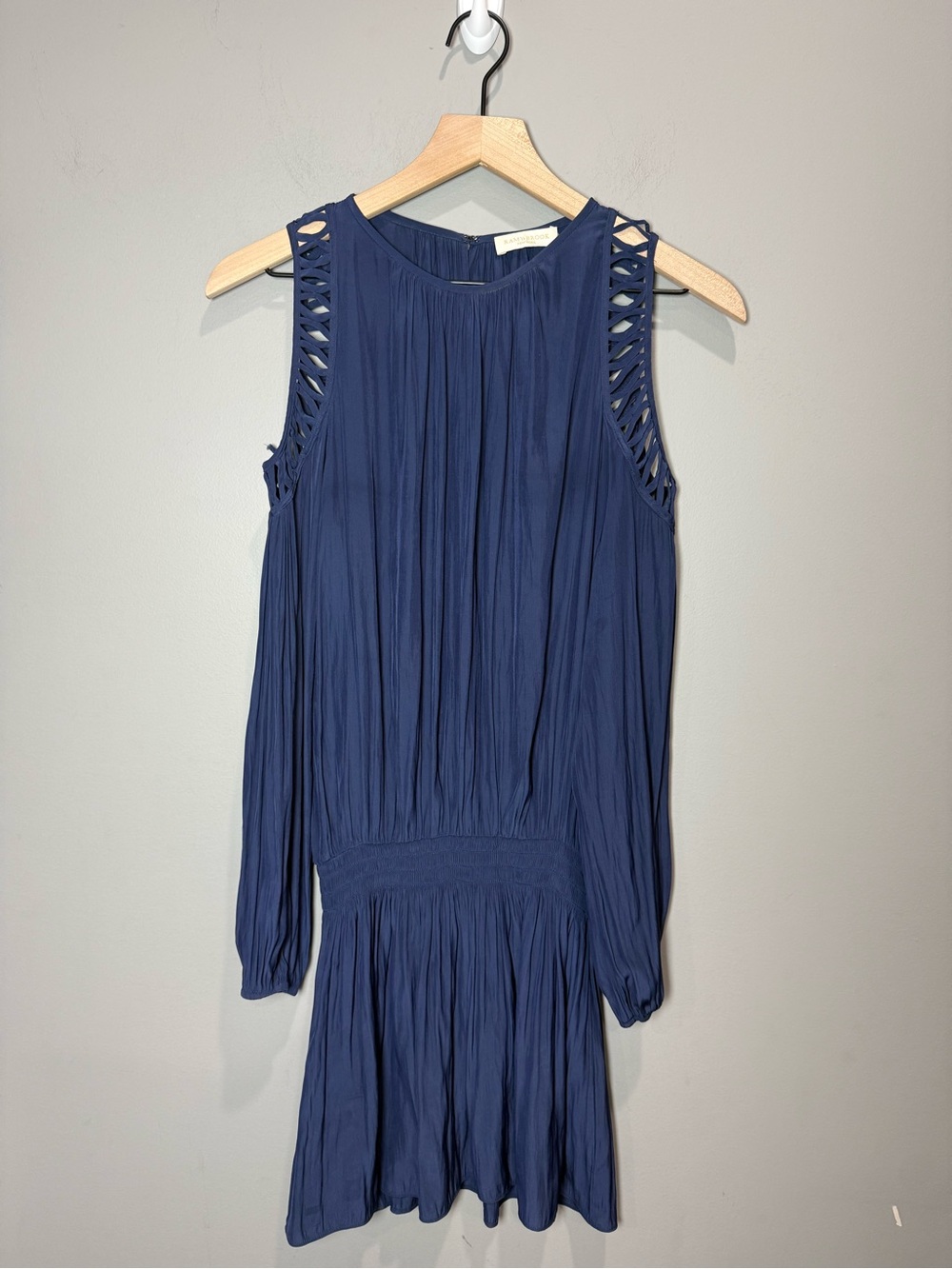 Ramy Brook Blue Cold Shoulder Boho Mini Dress Smocked Waist M